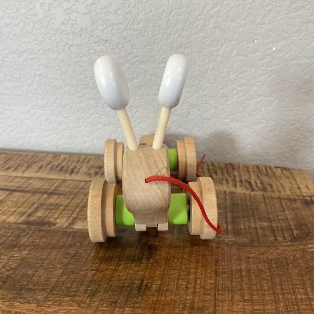 Hape Wooden Walk Along Pull Toy Snail Worm Wobbly Eyes Wheels Kids
